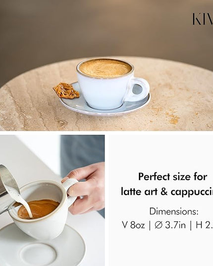 KIVY Cappuccino cups set of 4 [8oz] - Thick-walled stoneware cappuccino cup set for latte art - Cappuccino coffee cups - Tazas de cafe - Latte cups - Latte art cup and saucer set of 4 - Green, Blue