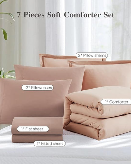 WRENSONGE Full Size Comforter Set- 7 Pieces Clay Pink Bed in a Bag Full Size Comforter with Fitted Sheet, Flat Sheet, 2 Pillow Shams, 2 Pillowcases, Warm Bedding Sets for All Season