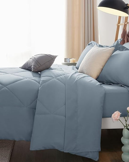 CozyLux Full Size Comforter Sets Dusty Blue - 7 Pieces Bed in a Bag Full, Luxury Soft Bed Set for All Seasons, Bedding Set with Down Alternative Comforter, Sheets, Pillowcases & Shams, Grayish Blue