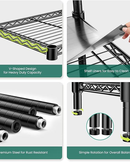 48" W Storage Shelves 5-Tier Wire Shelving, 1875LBS Adjustable Metal Shelving with 5 Shelf Liners, Heavy Duty Steel Wire Rack for Garage Commercial Pantry Kitchen, 48" W x 18" D x 72" H, Black