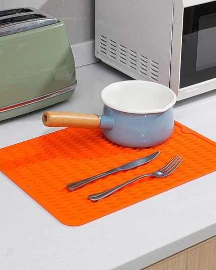 Silicone Dish Drying Mat for Multiple Usage,Easy clean,Eco-friendly,Heat-resistant Silicone Mat for Kitchen Counter or Sink,Refrigerator or drawer liner Orange L 16 inches x 12 inches
