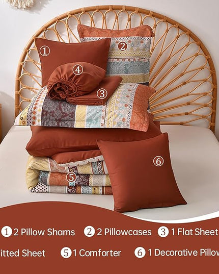 Cottolester Boho Comforter Set King Size,8 Pieces Red and Orange Bohemian Striped Bed in a Bag,Paisley Soft Microfiber Bedding Comforter Set