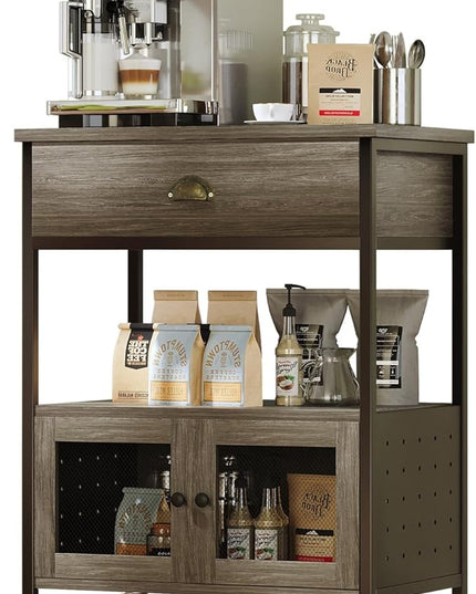 Catrimown Coffee Cart Station, Coffee Stand Station, Small Microwave Stand with Drawer, Movable Farmhouse Coffee Station Table on Wheels for Living Room, Entryway, Dining Room, Kitchen, Wash Grey