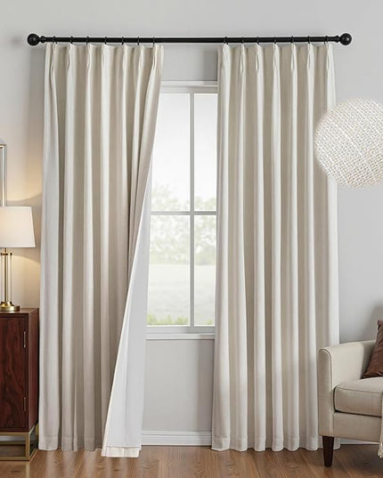 MYSKY HOME Beige Blackout Curtains 90 inches Long Natural Pinch Pleated Curtains for Living Room Bedroom 100% Room Darkening Black Out Window Drapes with Hooks Back Tab, 40" Wide per Panel, 2 Pieces