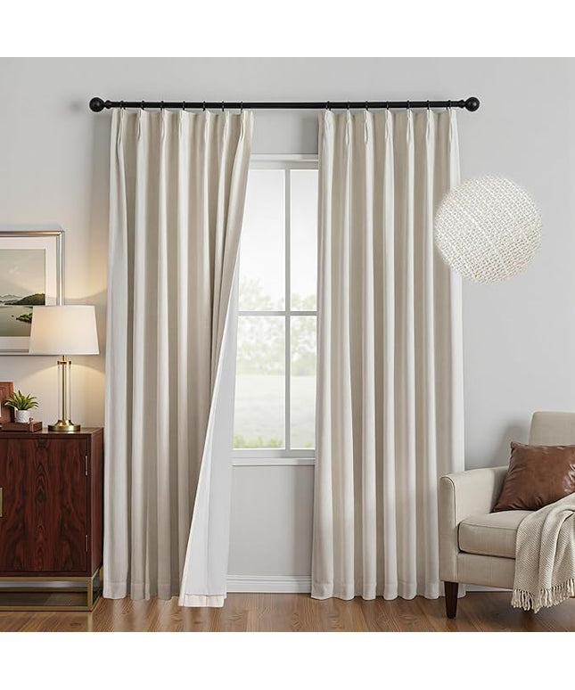 MYSKY HOME Beige Blackout Curtains 102 inches Long Natural Pinch Pleated Curtains for Living Room Bedroom 100% Room Darkening Black Out Window Drapes with Hooks Back Tab, 40" Wide per Panel, 2 Pieces