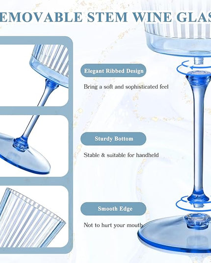 24 PCS Blue Ribbed Plastic Wine Glasses 13.5 OZ Ribbed Wine Glasses Detachable Wine Glass Elegant Fluted Glassware Vintage Style for Wedding Anniversary Birthday Dinner Parties(Blue, 24 Pack)