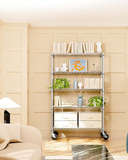 IZEUK 5-Tier Storage Shelving Unit with Wheels, Adjustable Heavy Duty Steel Wire Rack Organizer (Chrome, 17.7" D x 47.2" W x 76.7" H, 1750 lbs Capacity) for Garage, Kitchen, Pantry, Laundry