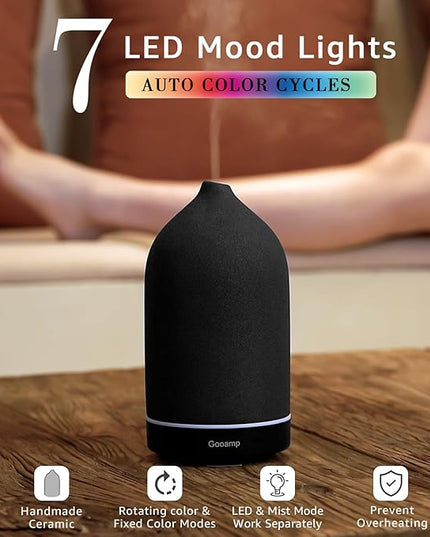 200ML Ceramic Essential Oil Diffuser - Ultrasonic Aromatherapy & Humidifier with 7-Color LED Lights, Auto Shut-Off, Black, 1H/3H/6H Timer | Scent for Home, Office, Yoga