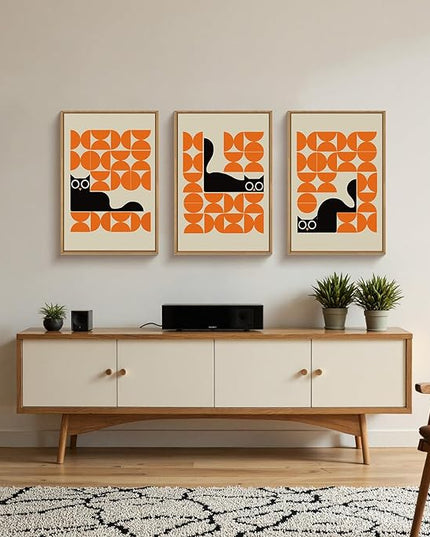 HOURIA Geometric Black Cat Framed Canvas Wall Art Set,Abstract Orange & Cream Wall Decor,Round Eyes Playful Kitten Wall Painting,Modern Animal Prints for Nursery,Living Room,Office - 24"x36"x3