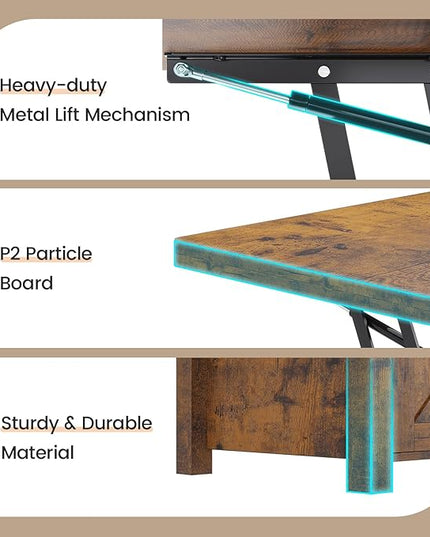 SEDETA Lift Top Coffee Table, 4 in 1 Convertible Coffee Tables with Storage and Hidden Compartment for Living Room, Farmhouse Coffee Table Converts to Dining Table, Dining Reception Room, Rustic Brown