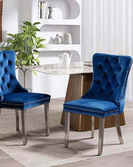 SoarFlash Velvet Dining Chair Set of 2, Upholstered Tufted Dining Room Chair with Nailhead Trim, Solid Silver Plated Leg for Kitchen(Blue)