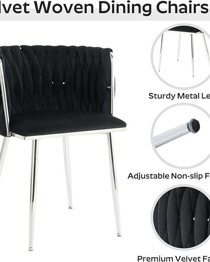 5 Piece Modern Glass Square Dining Set, 36'' Luxury Minimalist Dinner Room Set for 4, 4 Person Clear Glass Kitchen Table with Black Woven Chair, for Living Room Small Apartment (Silver)