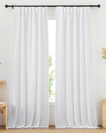 NICETOWN White Linen Curtains 95 inches Length 2 Panels Rod Pocket & Back Tab Pinch Pleated Burlap Semi Sheer Privacy with Light Filtering Window Covering for Bedroom/Living Room, W52 x L84