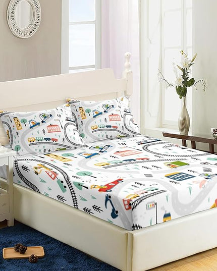 Ailonen Construction Cars Bed Linens - Queen Size Sheet Set With 1 Fitted Sheet and 2 Pillowcases For Boys Kids