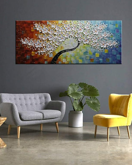YaSheng Art -100% Hand Painted Contemporary Art 3D Whit Flowers Oil Painting On Canvas Texture Palette Knife Tree Paintings Modern Home living room Decor Art Large Abstract Canvas Art 24x60inch