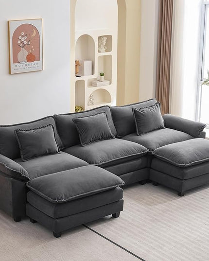 120" Modular Sectional Sofa, Comfy Cloud Couch Sectional Sofa with Ottoman, Chenille Sofa Sleeper Deep Seat Sofa with Throw Pillows for Living Room (Blue Gray, 120"- U Shape)