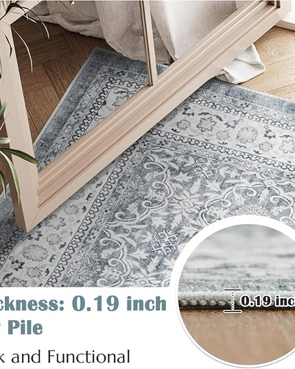 jinchan Floral 2x3 Rugs for Entryway - Machine Washable Grey Vintage Distressed Boho Design Soft Faux Wool Small Non-Slip Doormat for Entrance Kitchen Living Room Bedroom Farmhouse (2‘x3', Grey)