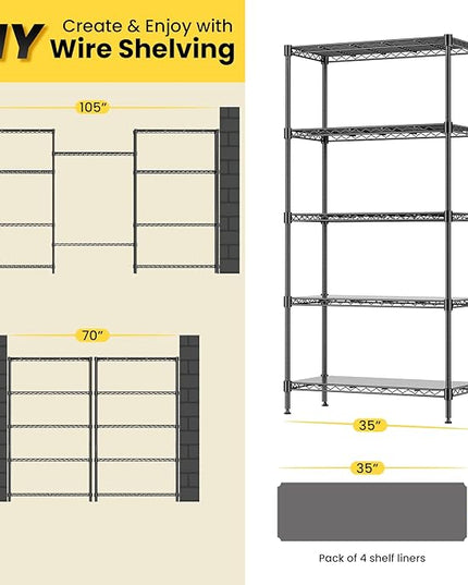 72" H Storage Shelves 5 Tier Wire Shelving with Shelf Liners, Adjustable Metal Garage Shelving, 1325LBS Heavy Duty Commercial Storage Rack for Pantry Kitchen, 35" W x 16" D x 72" H, Black