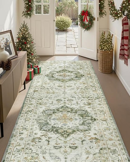 PADOOR-Vintage Runner Rug 2X10 Runners for Hallways-Soft Green Washable Bedside Rugs for Bedroom-Non Slip Long Rug for Hallways Entryway Laundry Room Stair Kitchen Bathroom