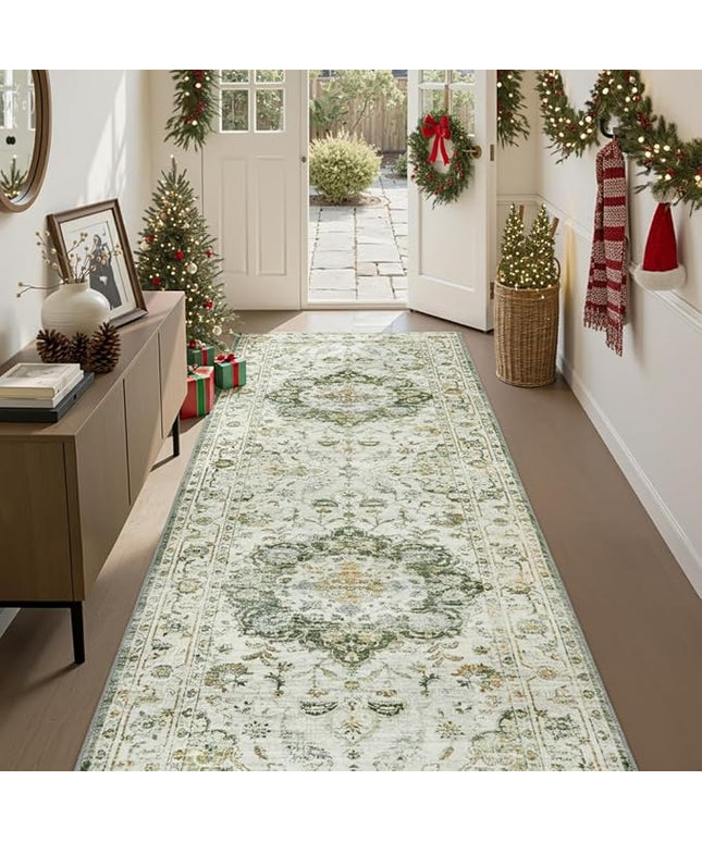 PADOOR-Vintage Runner Rug 2X10 Runners for Hallways-Soft Green Washable Bedside Rugs for Bedroom-Non Slip Long Rug for Hallways Entryway Laundry Room Stair Kitchen Bathroom