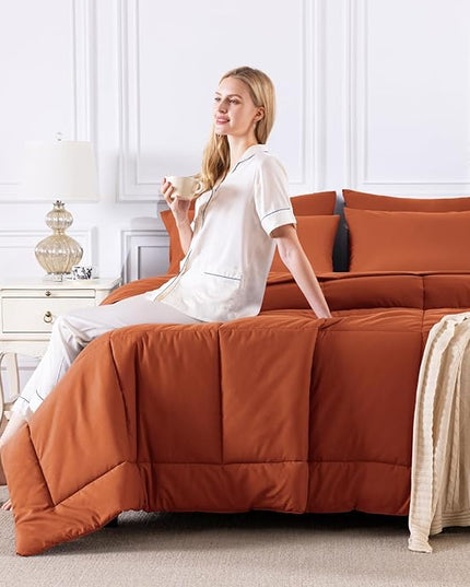 CozyLux Full Size Comforter Sets Terracotta, 7 Pieces Bed in a Bag, Burnt Orange Fall Comforter Full Size, All Season Bedding Sets with Stitch Quilted Comforter, Flat Sheet, Fitted Sheet, Pillowcases