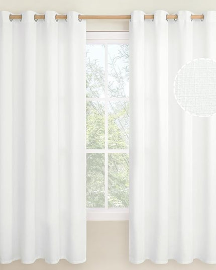 LAMIT White Linen Curtains 72 inch Long for Bedroom, Grommet Thick Light Reducing Thermal Light Filtering Curtains Window Panels for Living Room/Farmhouse, Set of 2 Panels, W52 x L72