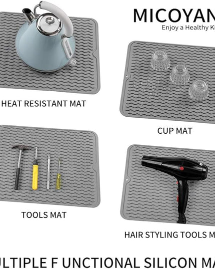 Silicone Dish Drying Mat for Multiple Usage,Easy clean,Eco-friendly,Heat-resistant Silicone Mat for Kitchen Counter or Sink,Refrigerator or drawer liner Grey L 16 inches x 12 inches