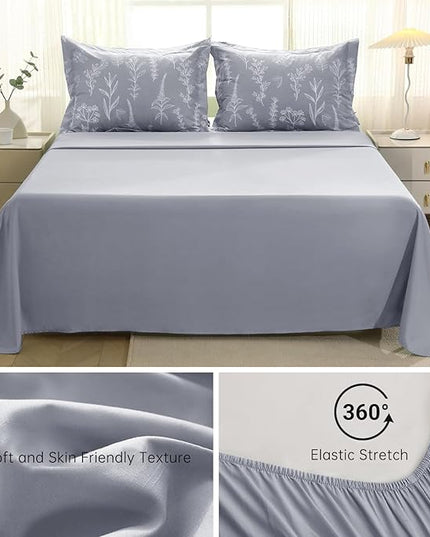 MUXHOMO Light Grey Full Comforter Set, Elegant Floral Print Bed in a Bag 7 Pieces, Ultra Soft & Breathable Reversible Botanical Pattern Bedding Set with Comforter, Sheets, Pillowcases, and Shams