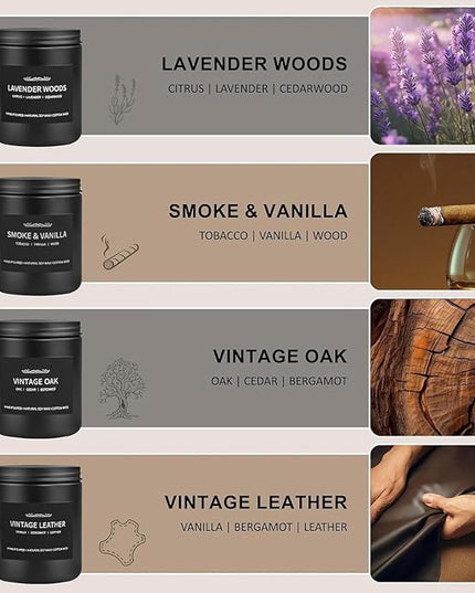 Scented Candle Set, Men Candle Set, Scented Candles for Home, Gifts for Men, 4 Pack Manly Candles Gifts for Mens Scents of Smoke Vanilla/Leather/Oak/Lavender Wood