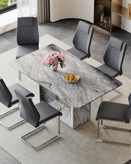 Dinner Table Set for 6, 7 Piece Dining Table Set with Chairs, 63" Faux Marble Modern Table with 6 PU Leather Upholstered Chairs, for Kitchen & Dining Room