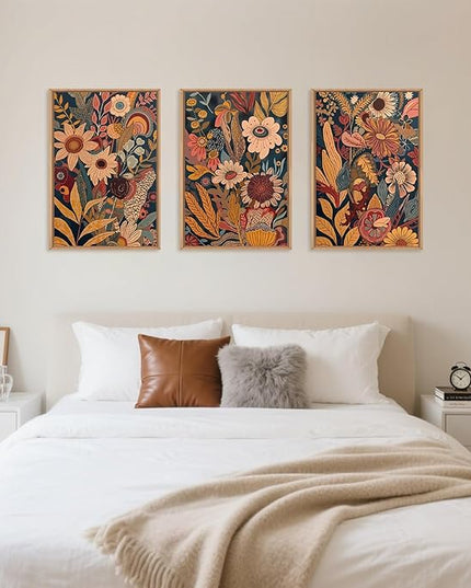 HOURIA Large Orange Flower Framed Canvas Wall Art Set,Boho Mid Century Modern Floral Botanical Wall Decor,Retro Vintage Blossom Artwork,Neutral Plant Art Print for Living Room,Bedroom,Office-16"x24"x3
