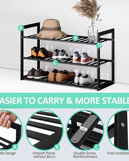 Bamboo Shoe Rack for Entryway, Stackable 3 Tier Shoe Organizer Shelf Storage 9-12 Pairs Shoes Stand Cubby for Closet Door Hallway Bedroom Garage Black, Thanksgiving