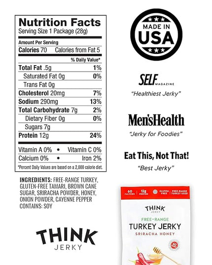 Think Jerky Sriracha Honey Turkey Jerky, High Protein Free-Range Turkey, Gluten Free, No Antibiotics or Nitrates, Healthy Chef Crafted Recipe, Low Calorie and Low Fat - 1.0 oz Bags, 12 Pack