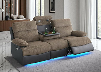 Fabric Recliner Sofa, Living Room Furniture Sets, Reclining 3 Seats Sofa with Drop-Down Table, Power Recliner Couches with Cup Holders/Storage Console for House, Brown Grey