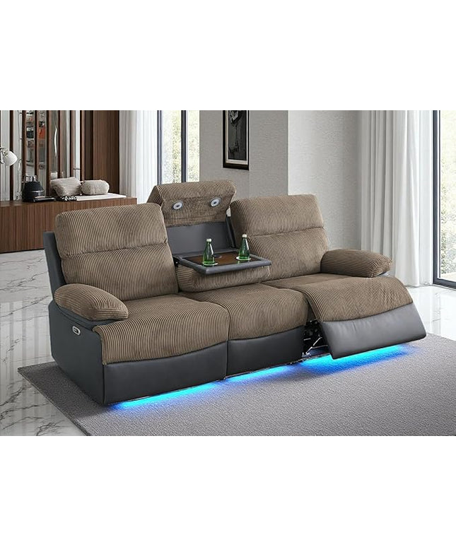 Fabric Recliner Sofa, Living Room Furniture Sets, Reclining 3 Seats Sofa with Drop-Down Table, Power Recliner Couches with Cup Holders/Storage Console for House, Brown Grey