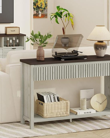 BON AUGURE Entryway Table with Storage, 47In Console Table with 2 Drawers, Two-Tier Sofa Console Tables for Living Room, Modern Hallway Tables, Walnut and Washed Grey Oak