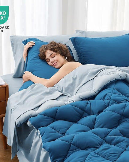 MUXHOMO 5 Pieces Twin XL Comforter Set, Reversible Bed in a Bag Twin XL Size, All Season Bedding Set with Comforter, Flat Sheet, Fitted Sheet, Pillowcases & Shams, Teal & Lake Blue