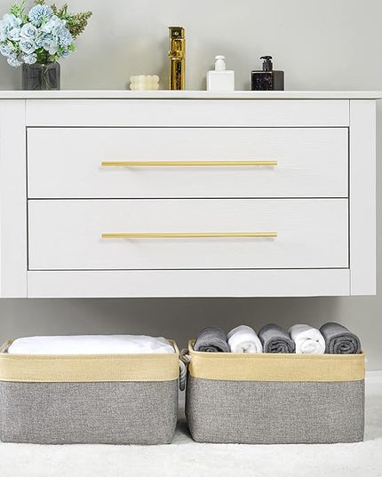 TheWarmHome Storage Basket for Organizing - 3 Pack 14x10x7 inch Large Collapsible Storage Bin for Shelves, Fabric Storage Cubes for Organizer ClosetCloth Gift Toy (Grey & Gold)