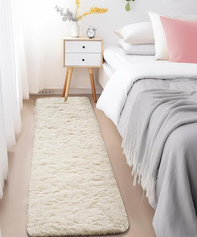 Ophanie Runner Rug for Hallway, 2x6 Upgrade Non-Slip Fluffy Soft Bedside Rugs, Bedroom Living Room Ivory Shaggy Carpet for Kids Girls Boys Dorm Nursery Home Decor Aesthetic