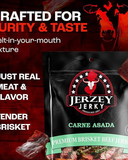 Jerzey Jerky Carne Asada Brisket Jerky 2.5oz – High Protein, Gluten Free and Healthy Beef Snacks with Rich, Authentic Flavor