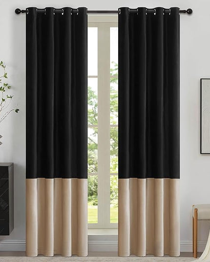 BULBUL Black Champagne Color Block Window Curtains Panels 84 inches Long Velvet Farmhouse Drapes for Bedroom Living Room Darkening Treatment with Grommet Set of 2