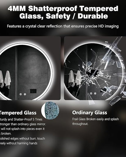 24 Inch Round LED Bathroom Mirror with Lights, Anti-Fog, Dimmable, Front & Backlit, Memory Function, 3 Color Temperatures