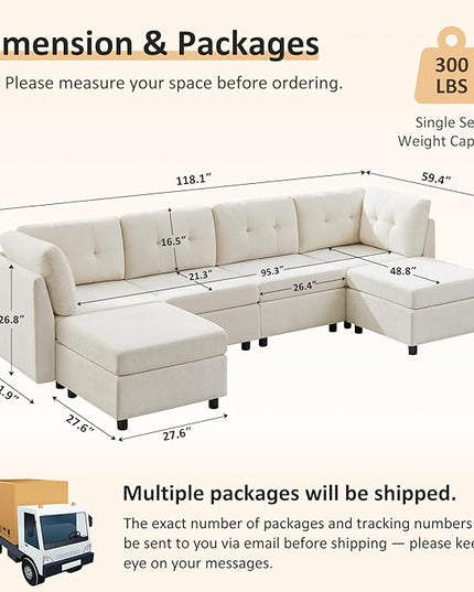 VANOMi 4 Seater Modular Sectional Sofa with 2 Ottomans, 118" Cloud Sofas & Couches, Comfy Chenille Sectional Couches for Living Room, Apartment, Office, White, U Shaped