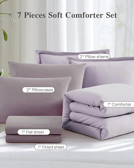WRENSONGE Queen Comforter Set - 7 Pieces Lilac Soft Bed in a Bag Queen with Sheets, 2 Pillow Shams, and 2 Pillowcases- Warm Bedding Sets for All Season