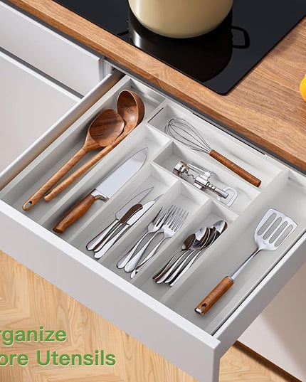 Pipishell Bamboo Expandable Drawer Organizer for Utensils Holder, Adjustable Cutlery Tray, Wood Drawer Dividers Organizer for Silverware, Flatware, Knives in Kitchen, Bedroom, Living Room (White)