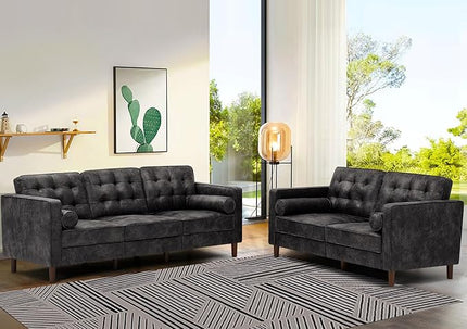 84" Suede Leather 3 Seater Sofa with Two Bolster Pillows, Tufted Sofa with Wooden Legs, Mordern Couch for Living Room, Office, Apartment, Black