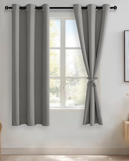 JIUZHEN Blackout Curtains with Tiebacks - Thermal Insulated, Light Blocking and Noise Reducing Grommet Curtain Drapes for Bedroom and Living Room, Set of 2 Panels, 42 x 63 Inch Length, Light Grey
