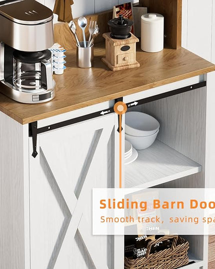 Farmhouse Coffee Station with 3 Tier Storage Hutch & 6 Hooks - 56 Inch Small Coffee Bar Table with Adjustable Shelves for Living/Dining Room