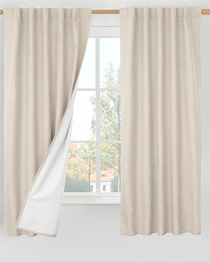 LAMIT 100% Blackout Linen Curtains 63 Inch Length, Linen Textured Thermal Bedroom Drapes Back Tab and Rod Pocket Neutral Panels with White Liner for Short Windows, 2 Panels, Oatmeal, 42 x 63 Inch