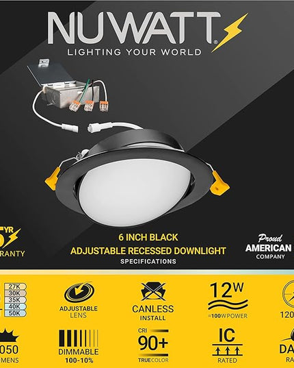 NUWATT 6 Inch Black Gimbal LED Recessed Lighting Canless Wafer Lights, 5CCT 2700K/3000K/3500K/4000K/5000K, Dimmable, 1050LM, 12W, Downlight Adjustable Recessed Swivel LED Sloped Ceiling Light, 6 Pack